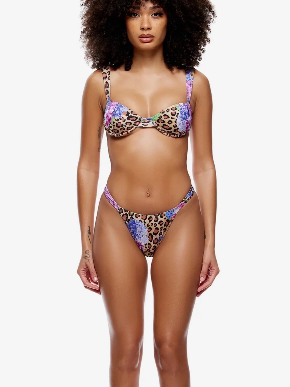 Leopard Floral Underwire Bikini Set - Purple & Brown
